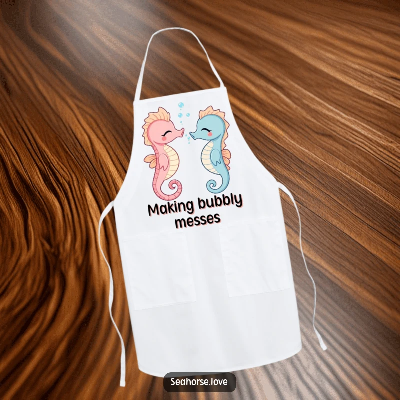 Funny seahorse blowing bubbles, illustrated on a durable kitchen apron, bringing playful ocean humor to cooking tasks.