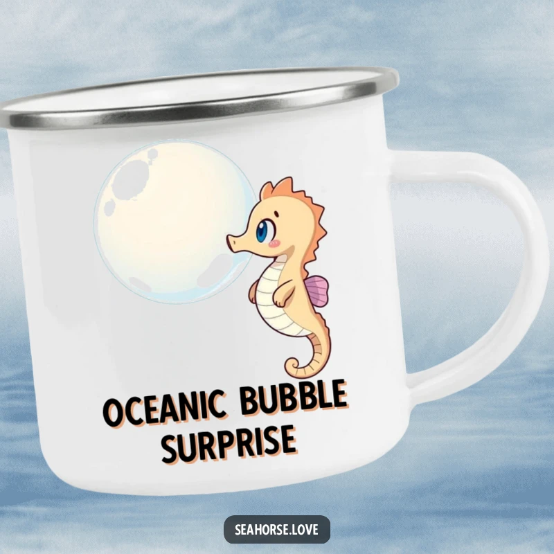 Funny camping mug featuring a surprised seahorse watching a giant bubble float past, perfect for aquatic explorers.