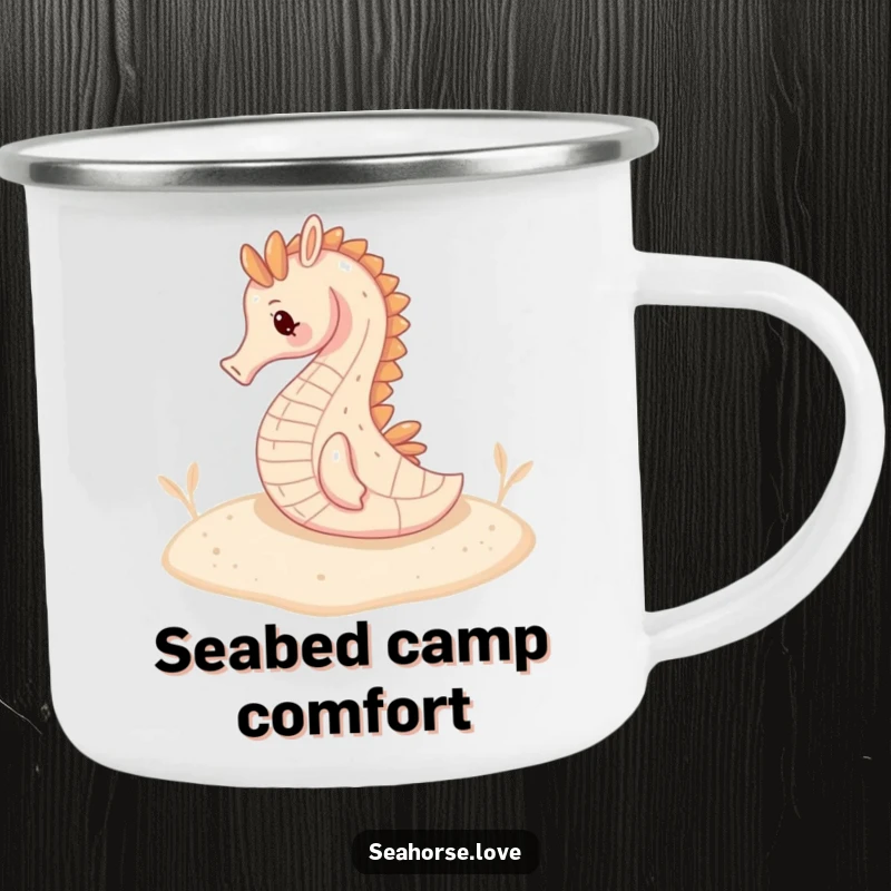 Funny camping mug featuring a serene seahorse resting on a sandy seabed, perfect for peaceful outdoor moments.