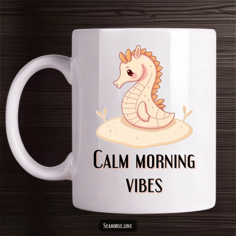 Funny mug showing a serene seahorse resting peacefully on a soft, sandy seabed in the calm ocean.