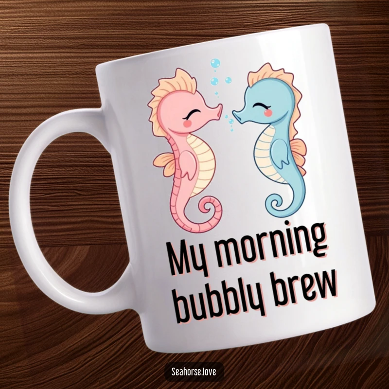 Funny seahorse blowing tiny bubbles playfully towards another seahorse on a ceramic mug, capturing a moment of pure ocean joy.
