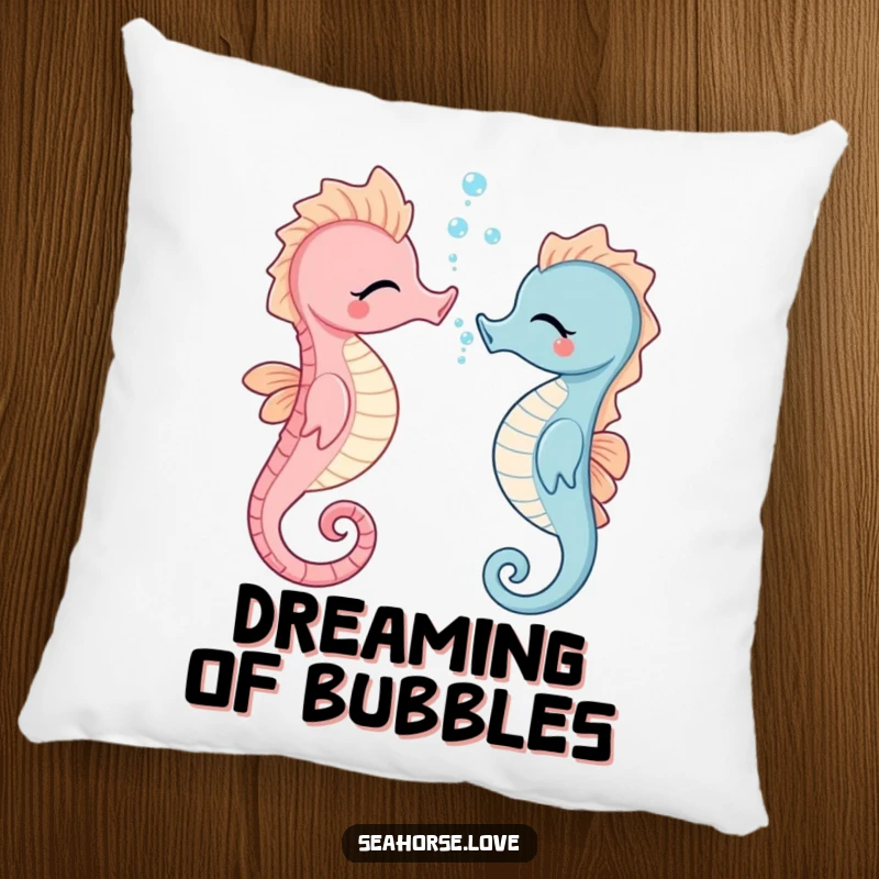 Soft, plush pillow featuring a funny giggling seahorse blowing tiny bubbles, offering comfort and a dose of ocean humor.