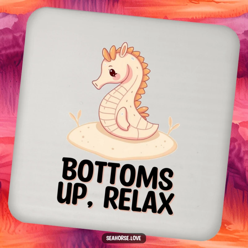 Funny drink coasters showing a serene seahorse resting on a sandy seabed, protecting your furniture with peace.