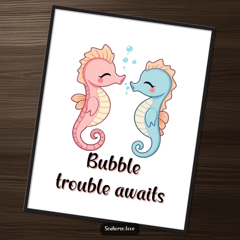 Funny seahorse giggling and blowing tiny bubbles, displayed as vibrant wall art on a high-quality poster for humorous decor.