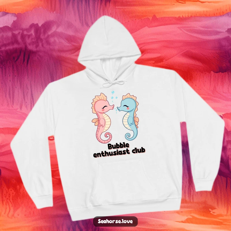 Funny seahorse character playfully blowing tiny bubbles, depicted on a warm, comfortable hoodie for a humorous and cozy feel.