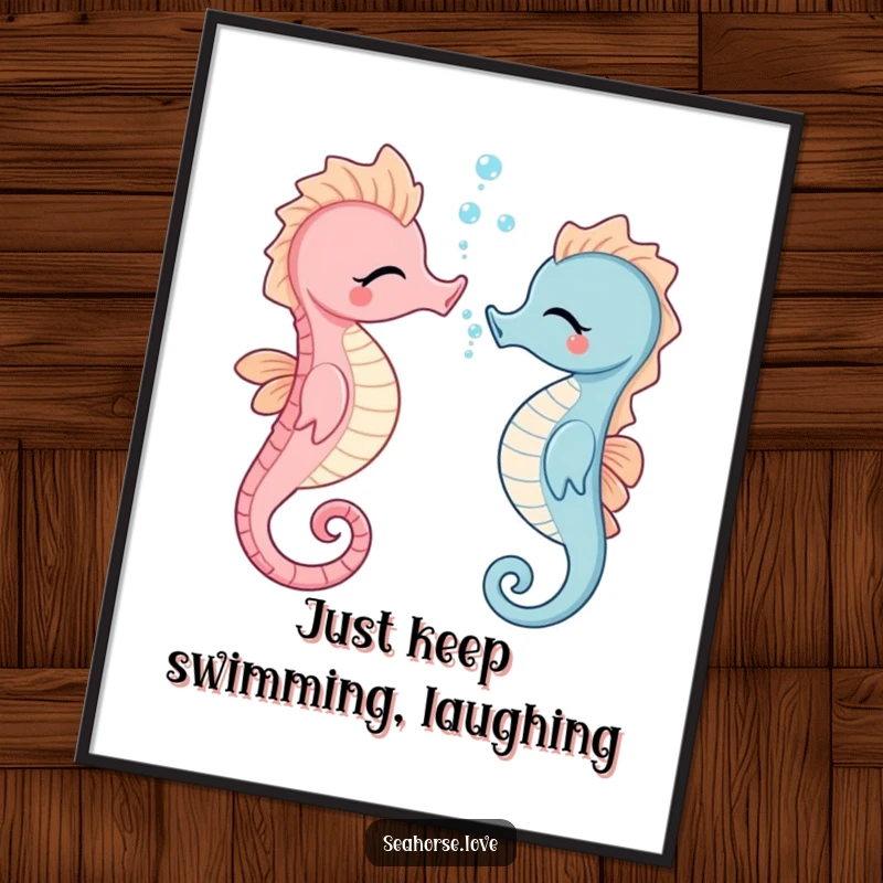 Funny Free Printable Wall Art: A giggling seahorse artistically blowing a stream of tiny bubbles, perfect for a playful vibe.