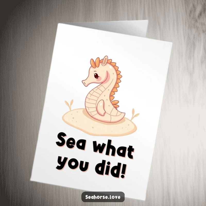 Peaceful Free Printable Congratulations Card: Seahorse resting on a sandy seabed, a tranquil win